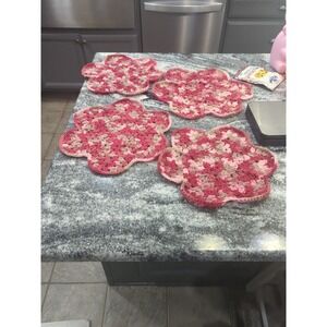 4 Hand Knitted Crochet Burgundy Pink Gray Placemats  Granny Core Cottage Core